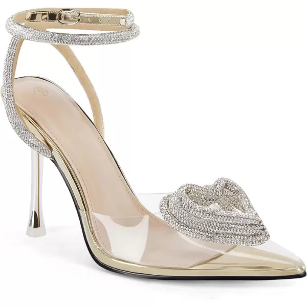 Coutgo Womens Clear High Heels Rhinestone Triple Heart Strappy Heels Closed Toe Sexy Stiletto Pumps Wedding Dress Shoes