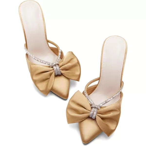 Coutgo Womens Closed Pointed Toe Heels Mules Bow Rhinestone Satin Slip On Backless Wedding Dress Shoes Sandals