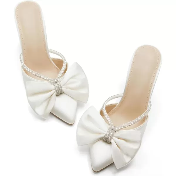 Coutgo Womens Closed Pointed Toe Heels Mules Bow Rhinestone Satin Slip On Backless Wedding Dress Shoes Sandals
