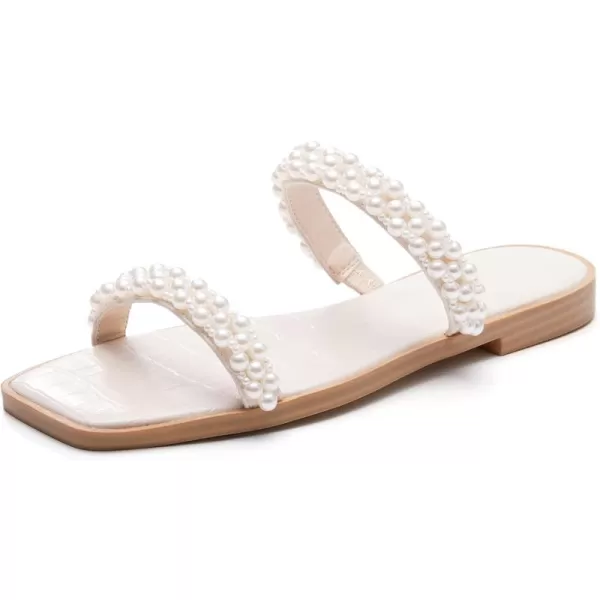 Coutgo Womens Flat Sandals Square Open Toe Pearl Two Strap Slip On Beach Slide Dressy Sandal