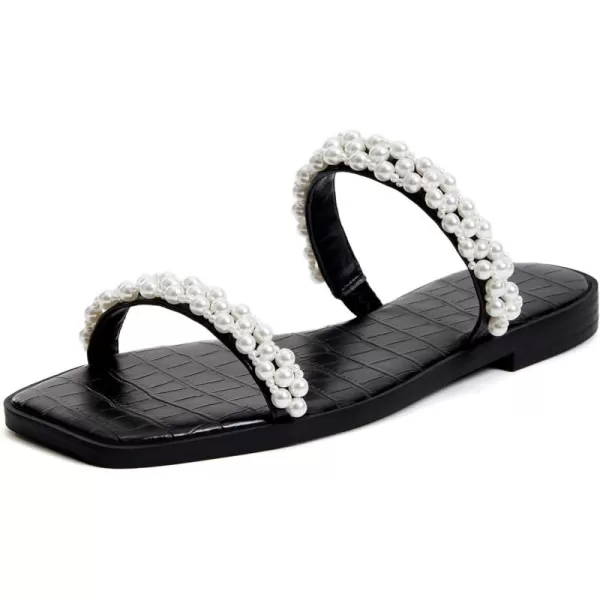 Coutgo Womens Flat Sandals Square Open Toe Pearl Two Strap Slip On Beach Slide Dressy Sandal