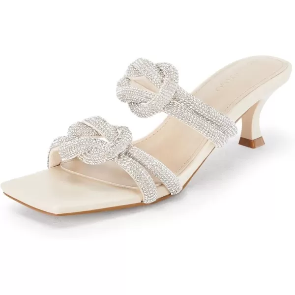 Coutgo Womens Kitten Heel Sandals Mules Rhinestone Slip on Low Heels Open Square Toe Dressy Summer Wedding Party Shoes