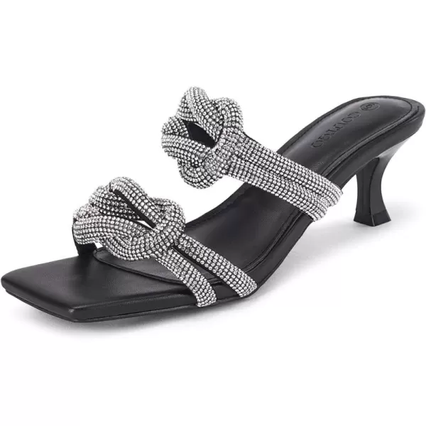 Coutgo Womens Kitten Heel Sandals Mules Rhinestone Slip on Low Heels Open Square Toe Dressy Summer Wedding Party Shoes