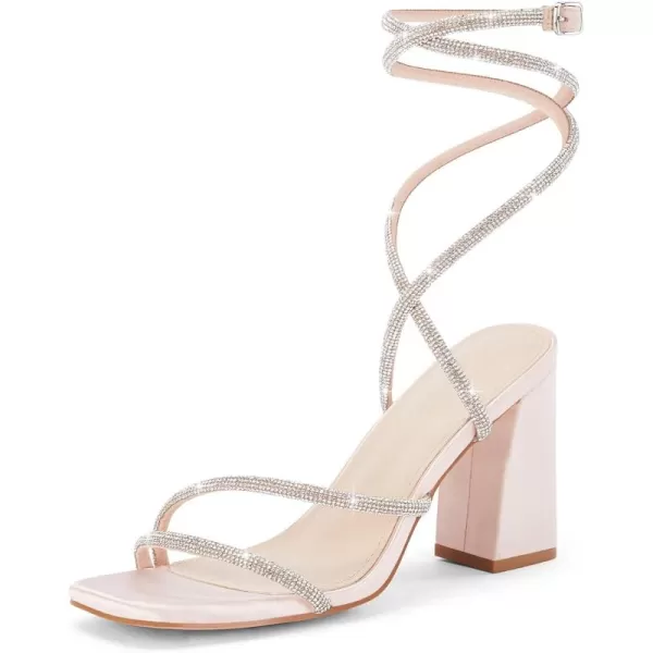 Coutgo Womens Lace Up Chunky Heels Rhinestone Sandals Square Open Toe High Block Heeled Wedding Dress Shoes