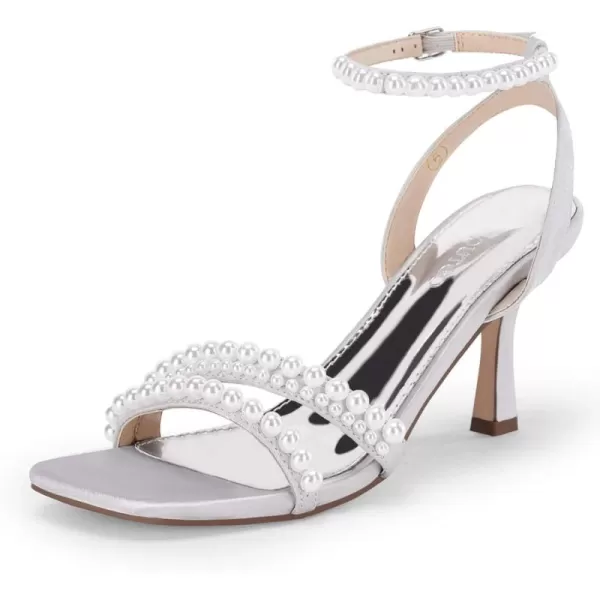 Coutgo Womens Pearl Kitten Heels Sandals Square Open Toe Dress Sandals Ankle Strap Satin Wedding Party Summer Sandals