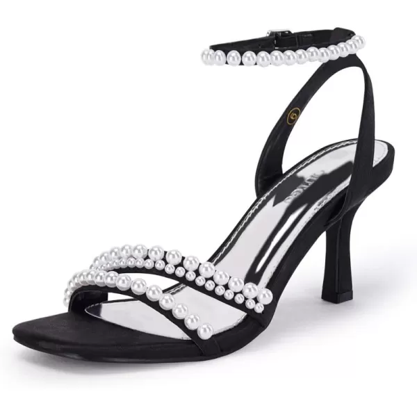 Coutgo Womens Pearl Kitten Heels Sandals Square Open Toe Dress Sandals Ankle Strap Satin Wedding Party Summer Sandals