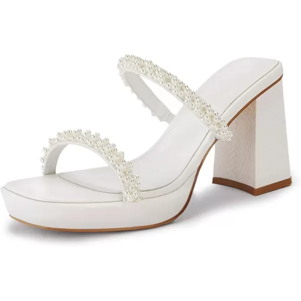 Coutgo Women's Pearl Sandals Platform Chunky High Heels Square Open Toe Strappy Slip On Slides
