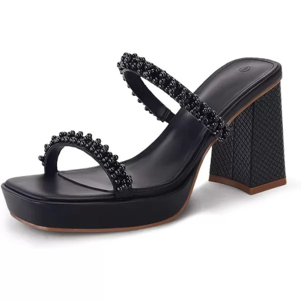Coutgo Women's Pearl Sandals Platform Chunky High Heels Square Open Toe Strappy Slip On Slides