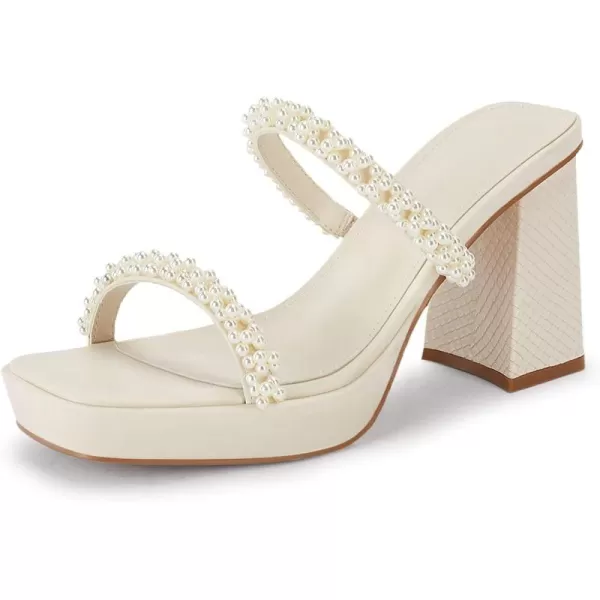 Coutgo Women's Pearl Sandals Platform Chunky High Heels Square Open Toe Strappy Slip On Slides