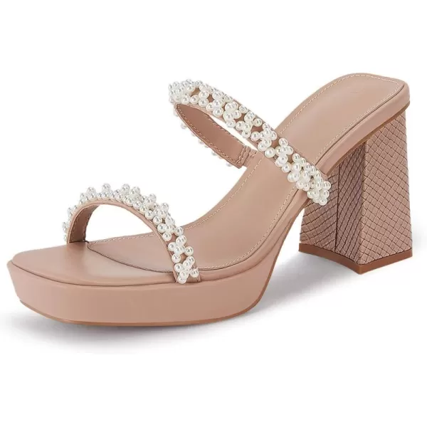 Coutgo Women's Pearl Sandals Platform Chunky High Heels Square Open Toe Strappy Slip On Slides