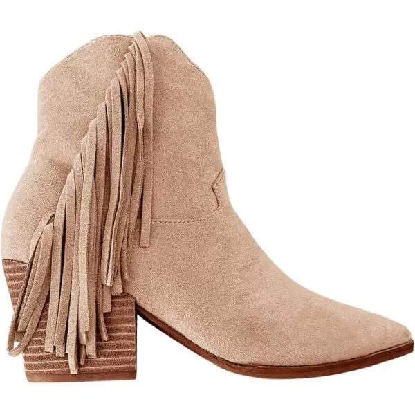Coutgo Women's Pointed Toe Ankle Boots Chunky Block Heel Side Tassel Western Winter Booties With Zipper