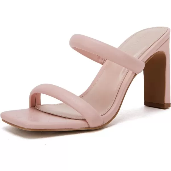 Coutgo Womens Square Open Toe Heeled Sandals Two Strap High Heel Backless Dress Slip On Mules