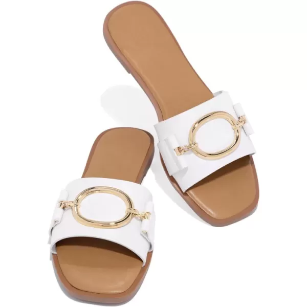 Coutgo Womens Square Toe Dressy Summer Slide Sandals Flat Low Heel Big Metal Chain Slip On Party Slippers Shoes