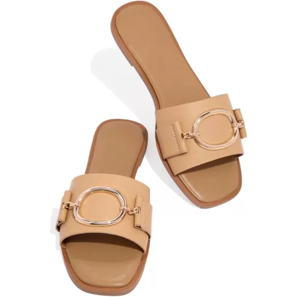 Coutgo Womens Square Toe Dressy Summer Slide Sandals Flat Low Heel Big Metal Chain Slip On Party Slippers Shoes