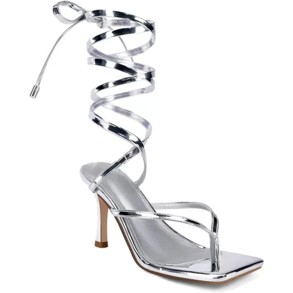 Coutgo Womens Strappy Thong Heels Sandals Sexy Lace up Wrap Ankle Strap Square Toe High Heeled Dress Summer Party Shoes