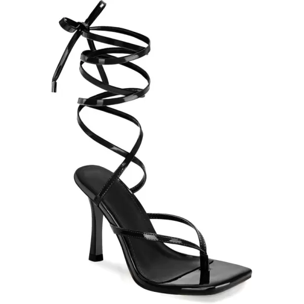Coutgo Womens Strappy Thong Heels Sandals Sexy Lace up Wrap Ankle Strap Square Toe High Heeled Dress Summer Party Shoes
