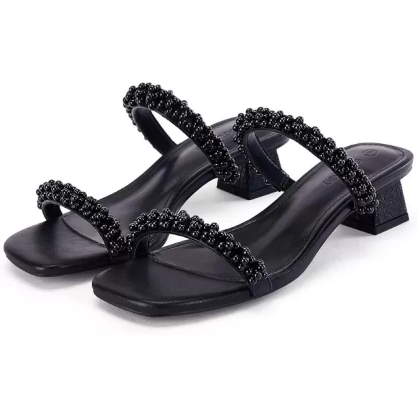 Womens Pearl Square Open toe Heels Sandals Chunky Low Heels Two Band Backless Slides Summer Wedding Party Dress Shoes