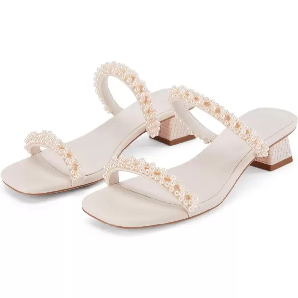 Womens Pearl Square Open toe Heels Sandals Chunky Low Heels Two Band Backless Slides Summer Wedding Party Dress Shoes