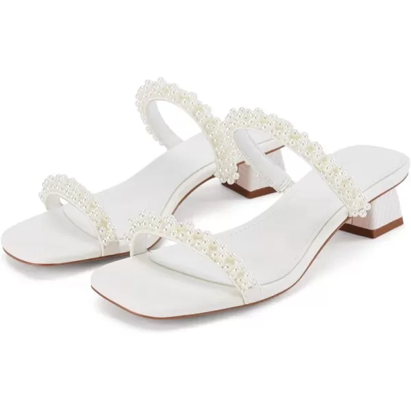 Womens Pearl Square Open toe Heels Sandals Chunky Low Heels Two Band Backless Slides Summer Wedding Party Dress Shoes