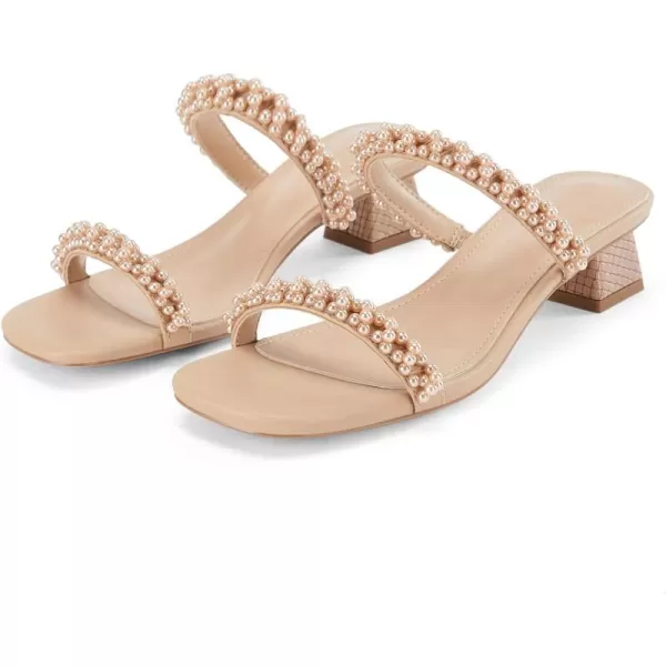 Womens Pearl Square Open toe Heels Sandals Chunky Low Heels Two Band Backless Slides Summer Wedding Party Dress Shoes