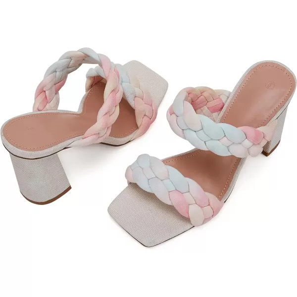 Syktkmx Women's Braided Heeled Sandals Backless Square Open Toe Block Slide Sandals