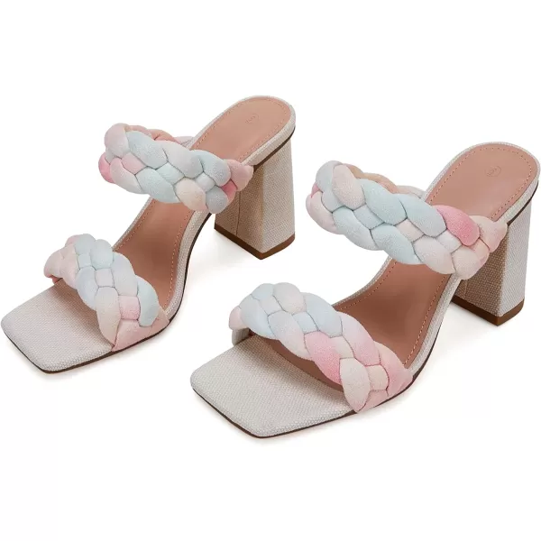 Syktkmx Women's Braided Heeled Sandals Backless Square Open Toe Block Slide Sandals