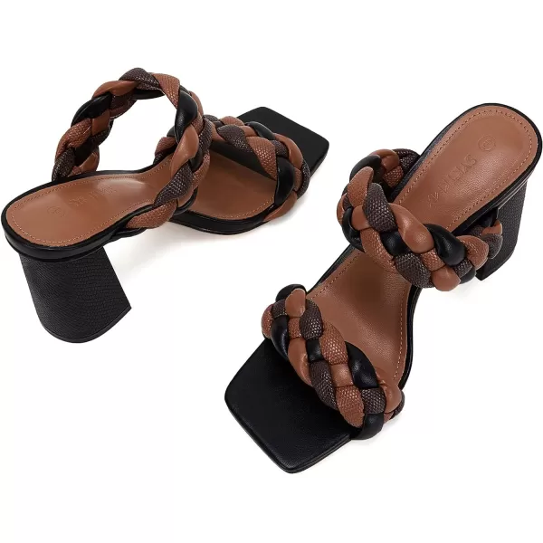 Syktkmx Women's Braided Heeled Sandals Backless Square Open Toe Block Slide Sandals