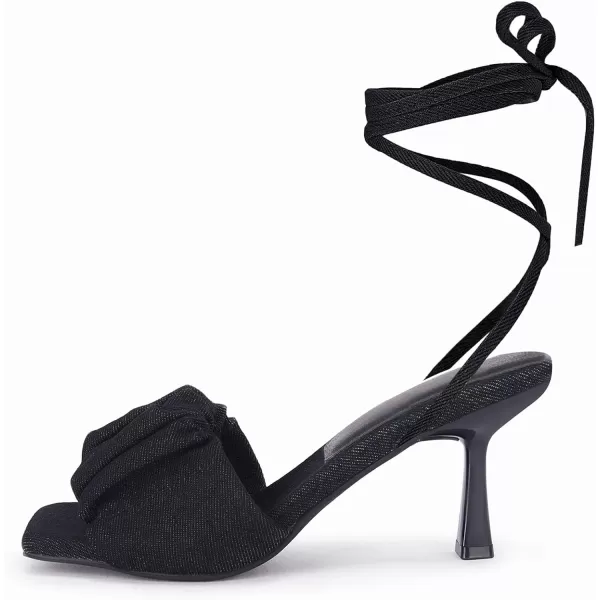Coutgo Womens Strappy Heels Lace up Sandals Denim Square Open Toe Tie-up Heels Kitten Low Heel Ankle Wrap Sandals