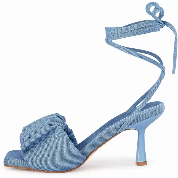 Coutgo Womens Strappy Heels Lace up Sandals Denim Square Open Toe Tie-up Heels Kitten Low Heel Ankle Wrap Sandals