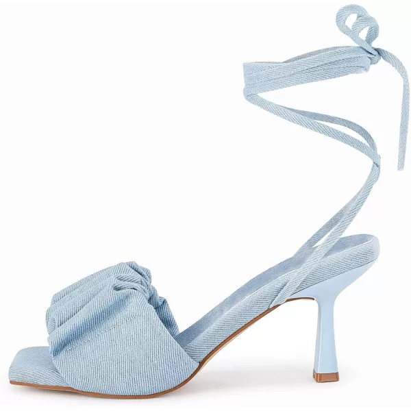 Coutgo Womens Strappy Heels Lace up Sandals Denim Square Open Toe Tie-up Heels Kitten Low Heel Ankle Wrap Sandals