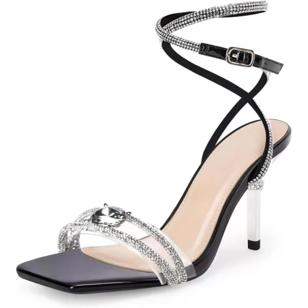 Coutgo Womens Rhinestone Strappy Clear Heels Square Open Toe Ankle Wrap Buckle Crystal Wedding Dress Stiletto Sandals