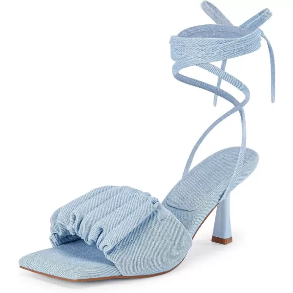 Coutgo Womens Strappy Heels Lace up Sandals Denim Square Open Toe Tie-up Heels Kitten Low Heel Ankle Wrap Sandals