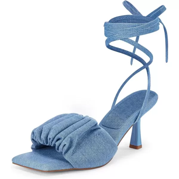 Coutgo Womens Strappy Heels Lace up Sandals Denim Square Open Toe Tie-up Heels Kitten Low Heel Ankle Wrap Sandals