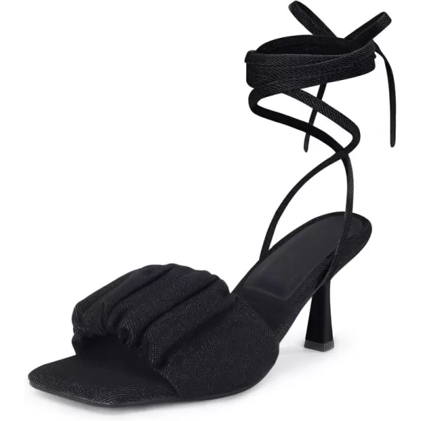 Coutgo Womens Strappy Heels Lace up Sandals Denim Square Open Toe Tie-up Heels Kitten Low Heel Ankle Wrap Sandals
