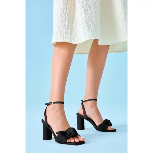 Coutgo Women's Bow Knot Heels Sandals Block Chunky Heel Ankle Strap Square Open Toe Party Dress Shoes