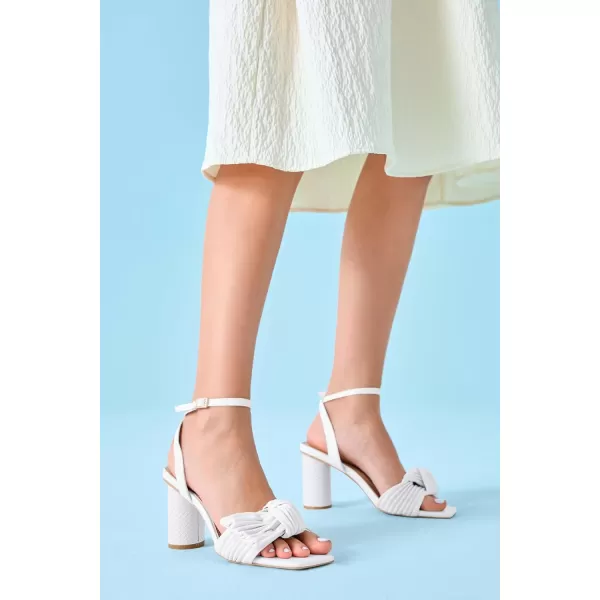 Coutgo Women's Bow Knot Heels Sandals Block Chunky Heel Ankle Strap Square Open Toe Party Dress Shoes