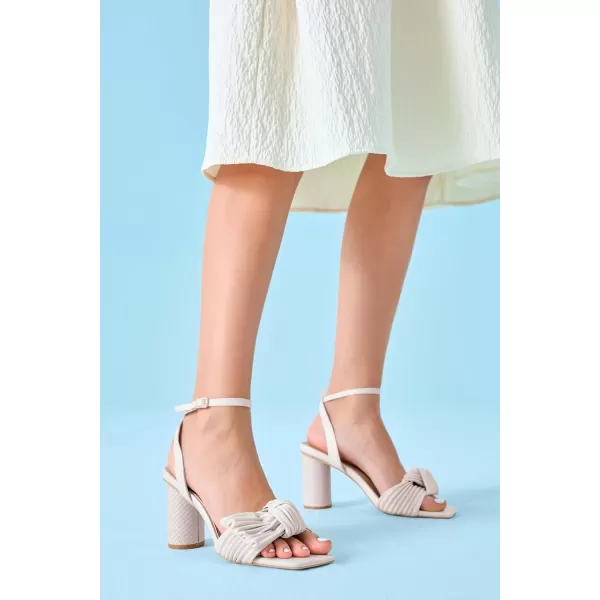 Coutgo Women's Bow Knot Heels Sandals Block Chunky Heel Ankle Strap Square Open Toe Party Dress Shoes