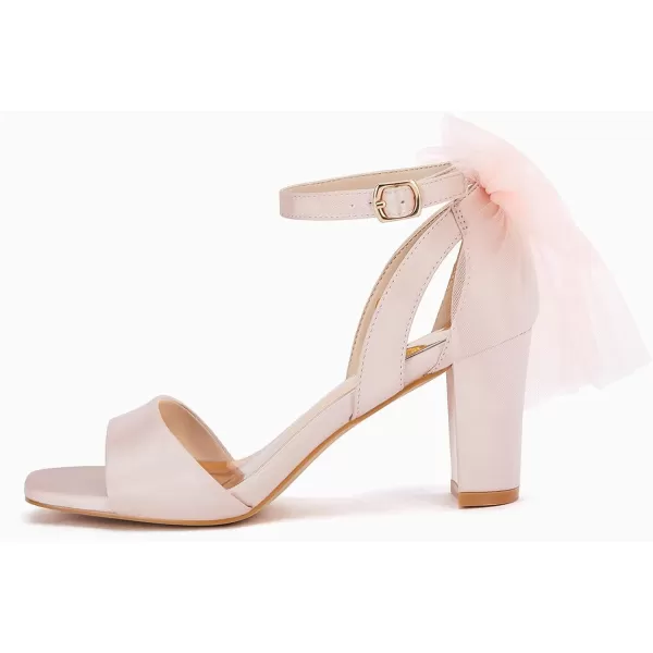 Coutgo Women's Bow Tie Heeled Sandals Chunky Heels One Strap Satin Ankle Buckle Dress Wedding Shoes