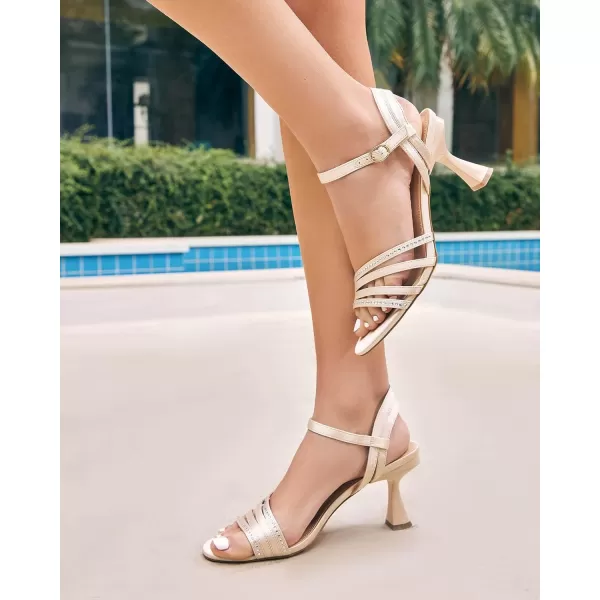 Coutgo Womens Crystal Kitten Heels Sandals Rhinestone Satin Open Toe Ankle Strap High Heels Summer Dress Shoes