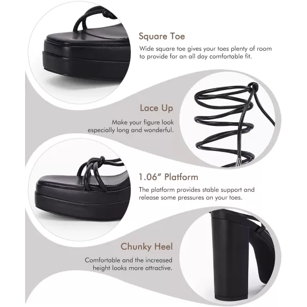Coutgo Women's Lace Up Platform Heels Sandals Strappy Chunky High Heel Square Toe Party Shoes