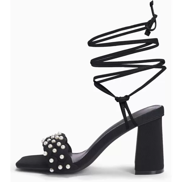 Coutgo Womens Pearl Strappy Heels Sandals Braided Lace Up Chunky Heels Square Open Toe Party Dress Shoes