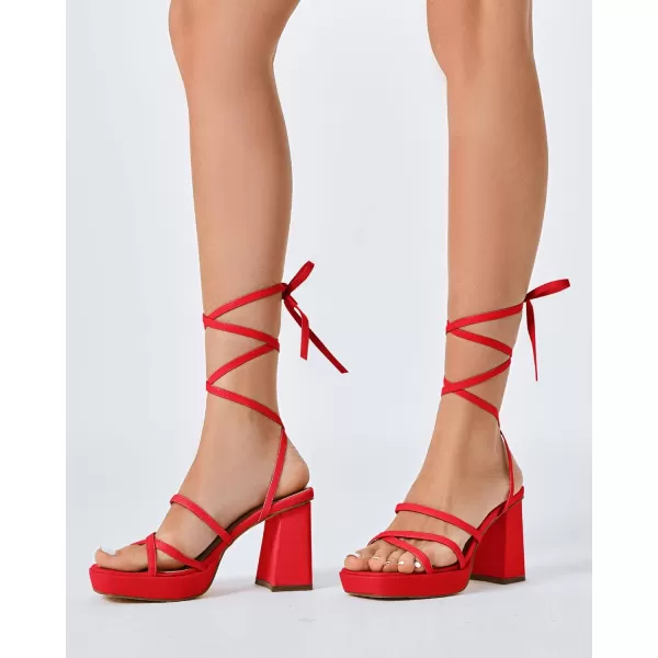 Coutgo Womens Platform Strappy Heels Sandals Sexy Lace Up Chunky Heels Square Toe Summer Dress Shoes