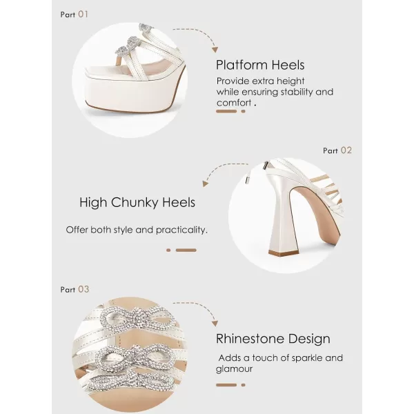 Coutgo Womens Rhinestone Platform Heels Sandals Bow Chunky Strappy Heels Crystal Summer Dress Shoes