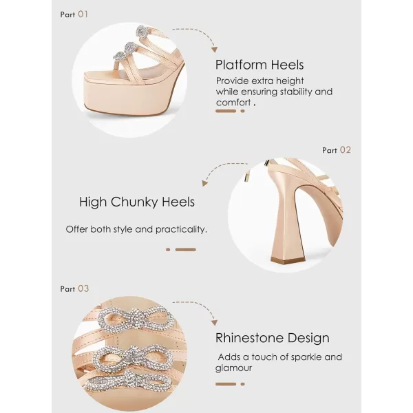 Coutgo Womens Rhinestone Platform Heels Sandals Bow Chunky Strappy Heels Crystal Summer Dress Shoes