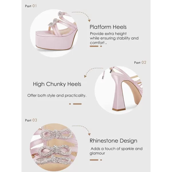 Coutgo Womens Rhinestone Platform Heels Sandals Bow Chunky Strappy Heels Crystal Summer Dress Shoes