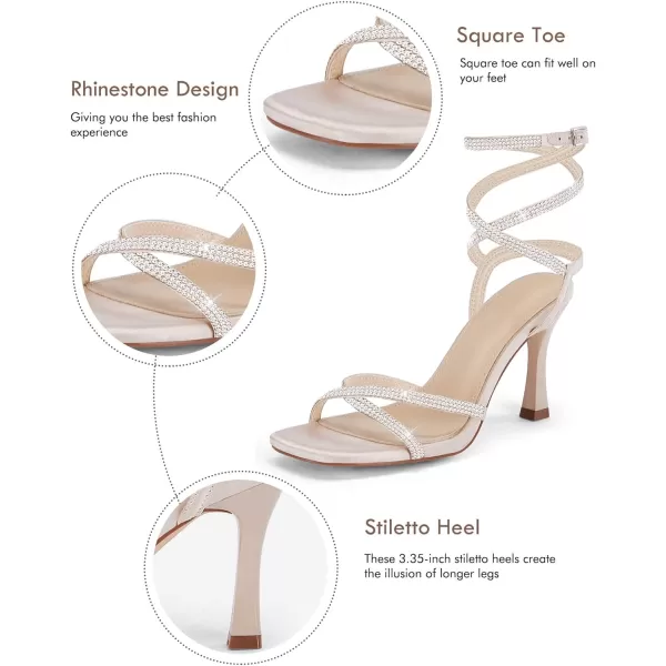 Coutgo Women's Rhinestone Strappy Heel Sandals Open Square Toe High Stiletto Heels Wedding Shoes