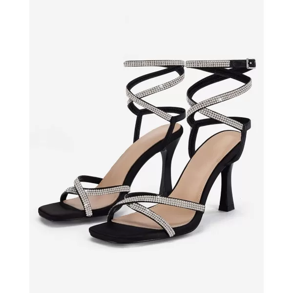 Coutgo Women's Rhinestone Strappy Heel Sandals Open Square Toe High Stiletto Heels Wedding Shoes