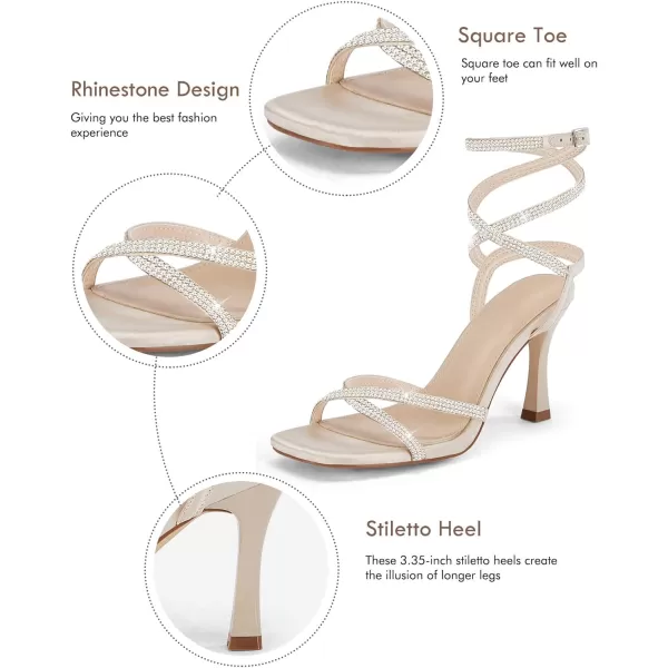 Coutgo Women's Rhinestone Strappy Heel Sandals Open Square Toe High Stiletto Heels Wedding Shoes