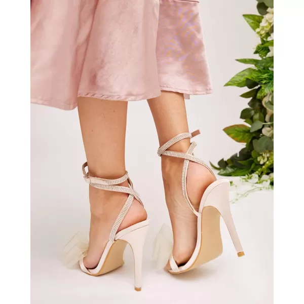 Coutgo Womens Stiletto High Heeled Sandals Strappy Open Toe Bow Knot Satin Rhinestone Sexy Summer Wedding Party Dress Shoes