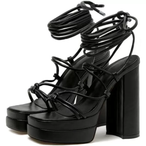 Coutgo Women's Lace Up Platform Heels Sandals Strappy Chunky High Heel Square Toe Party Shoes